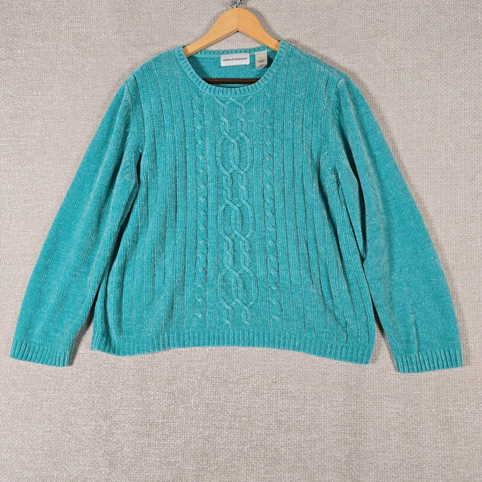 Alfred Dunner Turquoise Blue Chenille Cable Knit Crew Neck Sweater Womens L